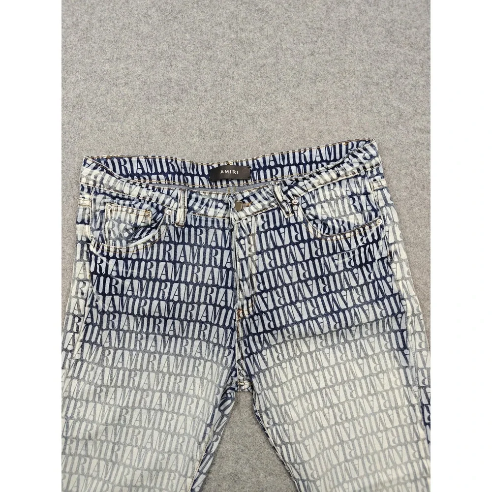 Amiri Jeans Mens 32x32 Blue Medium Wash Allover Logo Skinny Slim Denim Pants